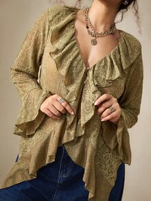 Nubod Plus Size Embossed 3D Floral Fabric Ruffle Collar Long Sleeve Bell Cuff Asymmetrical Hem Blouse, Elegant For Outings, Dates, Gatherings And Vacations - Army Green - View 7