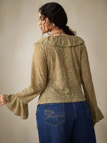 Nubod Plus Size Embossed 3D Floral Fabric Ruffle Collar Long Sleeve Bell Cuff Asymmetrical Hem Blouse, Elegant For Outings, Dates, Gatherings And Vacations - Army Green - View 2