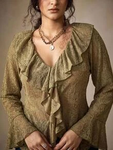 Nubod Plus Size Embossed 3D Floral Fabric Ruffle Collar Long Sleeve Bell Cuff Asymmetrical Hem Blouse, Elegant For Outings, Dates, Gatherings And Vacations - Army Green - View 1