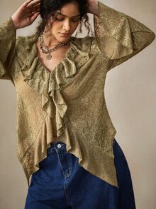 Nubod Plus Size Embossed 3D Floral Fabric Ruffle Collar Long Sleeve Bell Cuff Asymmetrical Hem Blouse, Elegant For Outings, Dates, Gatherings And Vacations - Army Green - View 5
