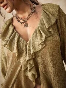 Nubod Plus Size Embossed 3D Floral Fabric Ruffle Collar Long Sleeve Bell Cuff Asymmetrical Hem Blouse, Elegant For Outings, Dates, Gatherings And Vacations - Army Green - View 8