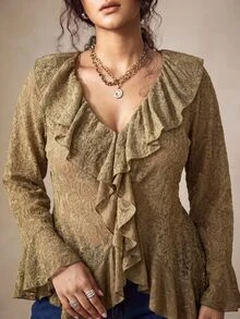 Nubod Plus Size Embossed 3D Floral Fabric Ruffle Collar Long Sleeve Bell Cuff Asymmetrical Hem Blouse, Elegant For Outings, Dates, Gatherings And Vacations - Army Green - View 10