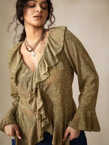 Nubod Plus Size Embossed 3D Floral Fabric Ruffle Collar Long Sleeve Bell Cuff Asymmetrical Hem Blouse, Elegant For Outings, Dates, Gatherings And Vacations - Army Green - View 4