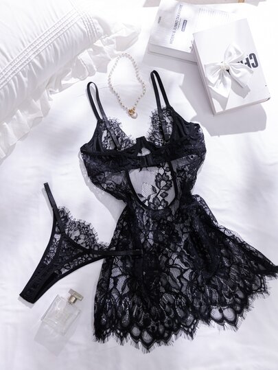 Crystal Vow 2pcs Lace Underwire Sheer Sexy Nightgown Set