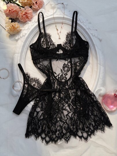 Crystal Vow 2pcs Lace Underwire Sheer Sexy Nightgown Set