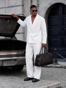 Mainfolk Men's Solid Color Lapel Neck Long Sleeve Jacket And Pants Set - White - View 10