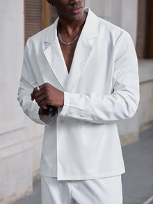 Mainfolk Men's Solid Color Lapel Neck Long Sleeve Jacket And Pants Set - White - View 5