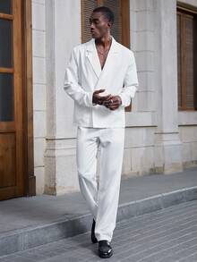 Mainfolk Men's Solid Color Lapel Neck Long Sleeve Jacket And Pants Set - White - View 2
