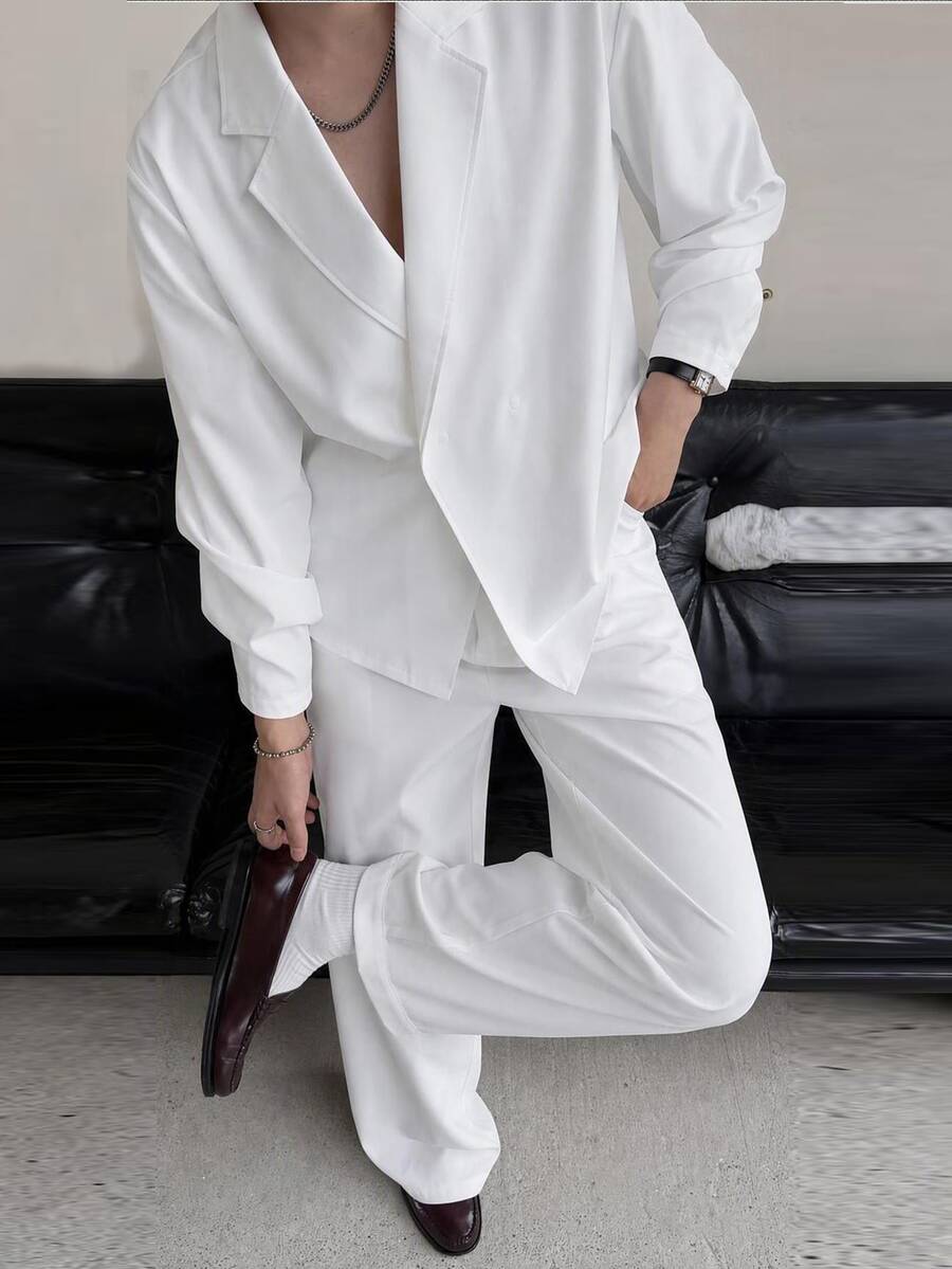 Mainfolk Men's Solid Color Lapel Neck Long Sleeve Jacket And Pants Set - White - View 1