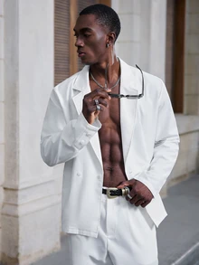 Mainfolk Men's Solid Color Lapel Neck Long Sleeve Jacket And Pants Set - White - View 7