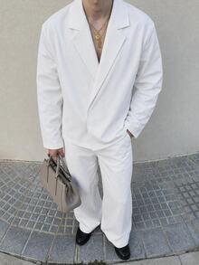 Mainfolk Men's Solid Color Lapel Neck Long Sleeve Jacket And Pants Set - White - View 11