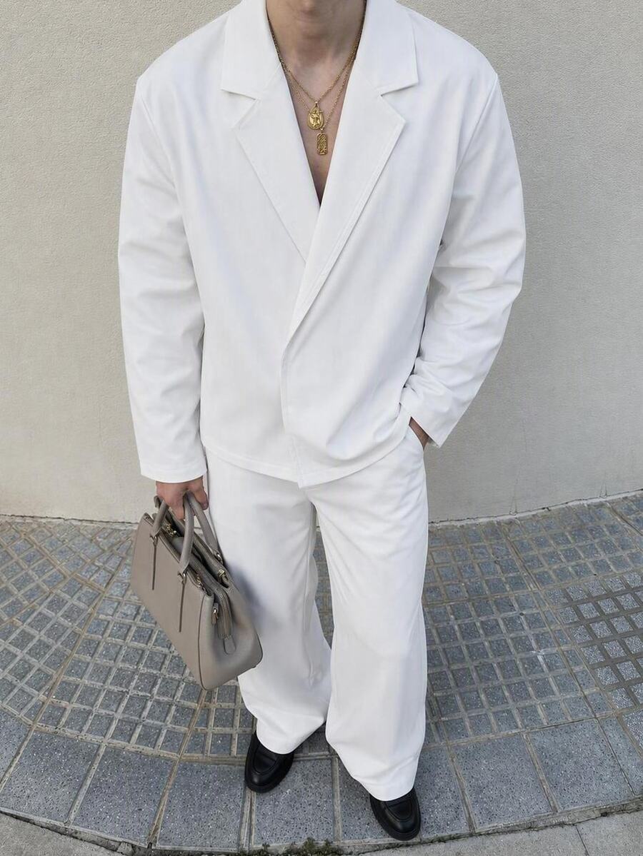 Mainfolk Men's Solid Color Lapel Neck Long Sleeve Jacket And Pants Set - White - View 1