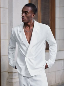 Mainfolk Men's Solid Color Lapel Neck Long Sleeve Jacket And Pants Set - White - View 3