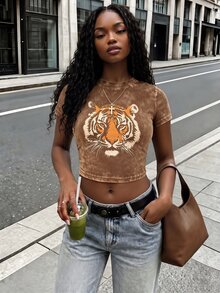 Rovax 女款休閒時尚虎紋印花水洗短版上衣，街頭風 Y2K - 彩色 - 查看 3