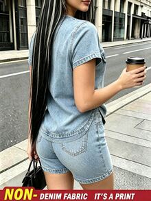 Rovax 女款圓領單排扣短袖上衣與短褲休閒日常兩件套 - 彩色 - 查看 2