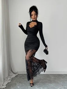 Omancia Women's Lace Patchwork Casual Party Dress - Black - View 9