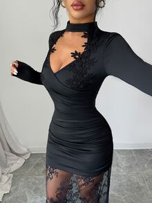 Omancia Women's Lace Patchwork Casual Party Dress - Black - View 7