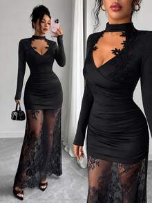Omancia Women's Lace Patchwork Casual Party Dress - Black - View 4
