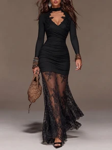 Omancia Women's Lace Patchwork Casual Party Dress - Black - View 2