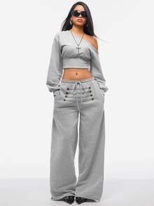 Vadaroq Summer Sport Casual Logo Pattern Baggy Sweatpants - Grey - View 5