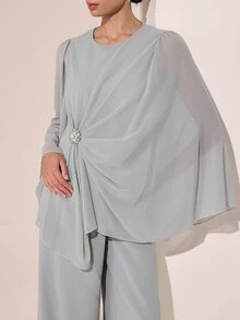 Graceveil Setelan 2 Potong Atasan dan Celana Lengan Jubah Leher Bulat dengan Hiasan Berlian Imitasi, Cocok untuk Pernikahan, Pembaptisan, Tamu Formal Musim Dingin, Sopan, Elegan, dan Sederhana, Warna Abu-abu. - Hijau - View 5