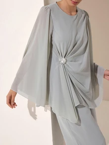 Graceveil Setelan 2 Potong Atasan dan Celana Lengan Jubah Leher Bulat dengan Hiasan Berlian Imitasi, Cocok untuk Pernikahan, Pembaptisan, Tamu Formal Musim Dingin, Sopan, Elegan, dan Sederhana, Warna Abu-abu. - Hijau - View 4