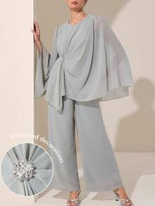 Graceveil Setelan 2 Potong Atasan dan Celana Lengan Jubah Leher Bulat dengan Hiasan Berlian Imitasi, Cocok untuk Pernikahan, Pembaptisan, Tamu Formal Musim Dingin, Sopan, Elegan, dan Sederhana, Warna Abu-abu. - Hijau - View 11