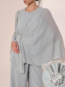 Graceveil Setelan 2 Potong Atasan dan Celana Lengan Jubah Leher Bulat dengan Hiasan Berlian Imitasi, Cocok untuk Pernikahan, Pembaptisan, Tamu Formal Musim Dingin, Sopan, Elegan, dan Sederhana, Warna Abu-abu. - Hijau - View 10