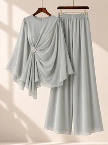 Graceveil Setelan 2 Potong Atasan dan Celana Lengan Jubah Leher Bulat dengan Hiasan Berlian Imitasi, Cocok untuk Pernikahan, Pembaptisan, Tamu Formal Musim Dingin, Sopan, Elegan, dan Sederhana, Warna Abu-abu. - Hijau - View 2