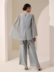 Graceveil Setelan 2 Potong Atasan dan Celana Lengan Jubah Leher Bulat dengan Hiasan Berlian Imitasi, Cocok untuk Pernikahan, Pembaptisan, Tamu Formal Musim Dingin, Sopan, Elegan, dan Sederhana, Warna Abu-abu. - Hijau - View 3