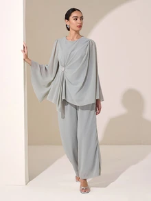 Graceveil Setelan 2 Potong Atasan dan Celana Lengan Jubah Leher Bulat dengan Hiasan Berlian Imitasi, Cocok untuk Pernikahan, Pembaptisan, Tamu Formal Musim Dingin, Sopan, Elegan, dan Sederhana, Warna Abu-abu. - Hijau - View 8