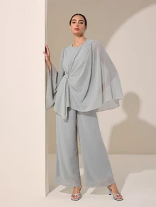 Graceveil Setelan 2 Potong Atasan dan Celana Lengan Jubah Leher Bulat dengan Hiasan Berlian Imitasi, Cocok untuk Pernikahan, Pembaptisan, Tamu Formal Musim Dingin, Sopan, Elegan, dan Sederhana, Warna Abu-abu. - Hijau - View 7