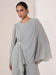 Graceveil Setelan 2 Potong Atasan dan Celana Lengan Jubah Leher Bulat dengan Hiasan Berlian Imitasi, Cocok untuk Pernikahan, Pembaptisan, Tamu Formal Musim Dingin, Sopan, Elegan, dan Sederhana, Warna Abu-abu. - Hijau - View 6
