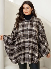 Comfylo Plus Size Plaid Casual Elegant Cape Coat Vacation Party All White Autumn - Red - View 7
