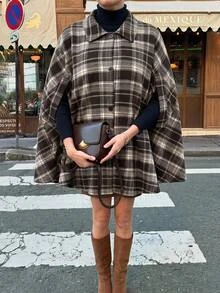 Comfylo Plus Size Plaid Casual Elegant Cape Coat Vacation Party All White Autumn - Red - View 8