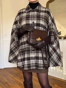 Comfylo Plus Size Plaid Casual Elegant Cape Coat Vacation Party All White Autumn - Red - View 9