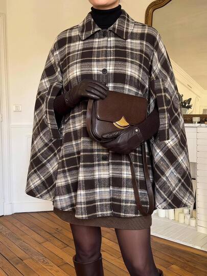 Comfylo Plus Size Plaid Casual Elegant Cape Coat Vacation Party All White Autumn