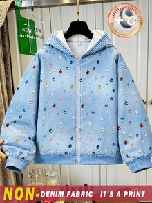 SHEIN Sparklyn 青少年女孩長袖秋季衣著 Y2K 可愛丹寧效果衛衣 保暖抓絨 全身寶石印花 拉鍊開襟衛衣上衣 校服 六年級 藍色 - 藍色 - 查看 4
