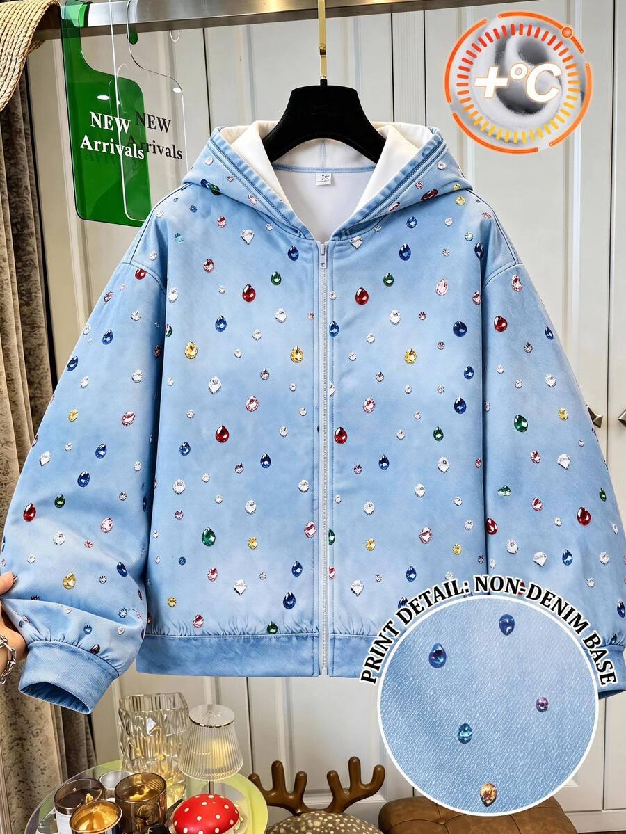 SHEIN Sparklyn 青少年女孩長袖秋季衣著 Y2K 可愛丹寧效果衛衣 保暖抓絨 全身寶石印花 拉鍊開襟衛衣上衣 校服 六年級 藍色 - 藍色 - 查看 1