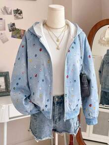 SHEIN Sparklyn 青少年女孩長袖秋季衣著 Y2K 可愛丹寧效果衛衣 保暖抓絨 全身寶石印花 拉鍊開襟衛衣上衣 校服 六年級 藍色 - 藍色 - 查看 7