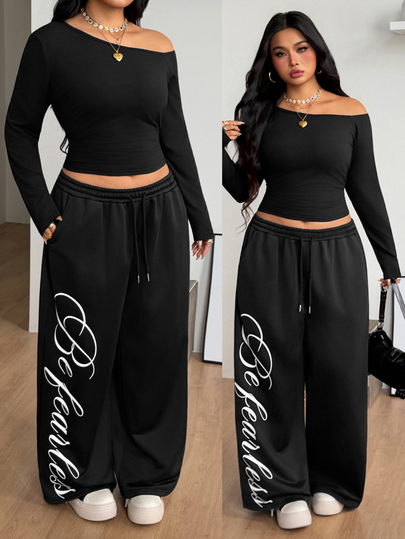 Coolane Women's Plus Size Summer Fall Elegant Daily Wear Going Out Lace Asymmetrical Neck T-Shirt And Wide Leg Sweatpants Black Two Pieces