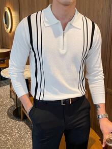 Manfinity Homme Kemeja Polo Pria Bisnis Setengah Rits Kerah Bergaris Vertikal Lengan Panjang,Sweater Pullover Kasual untuk Komuter Hadiah yang Cocok untuk Pacar Anda - MultiWarna - View 5
