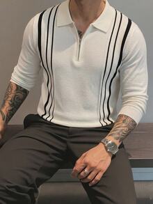 Manfinity Homme Kemeja Polo Pria Bisnis Setengah Rits Kerah Bergaris Vertikal Lengan Panjang,Sweater Pullover Kasual untuk Komuter Hadiah yang Cocok untuk Pacar Anda - MultiWarna - View 1
