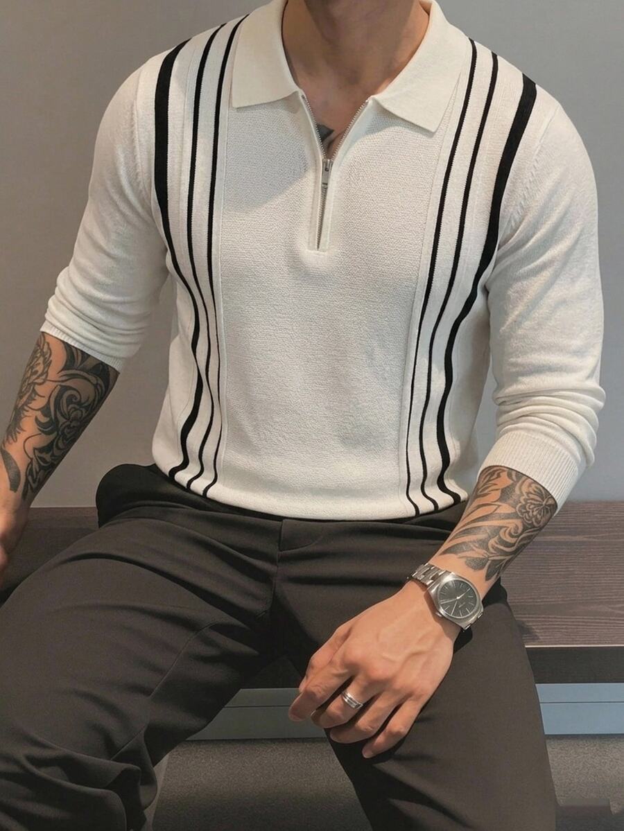 Manfinity Homme Kemeja Polo Pria Bisnis Setengah Rits Kerah Bergaris Vertikal Lengan Panjang,Sweater Pullover Kasual untuk Komuter Hadiah yang Cocok untuk Pacar Anda - MultiWarna - View 1