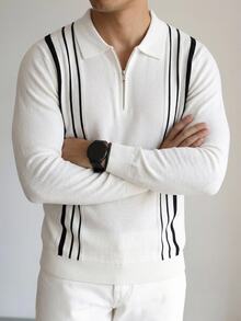 Manfinity Homme Kemeja Polo Pria Bisnis Setengah Rits Kerah Bergaris Vertikal Lengan Panjang,Sweater Pullover Kasual untuk Komuter Hadiah yang Cocok untuk Pacar Anda - MultiWarna - View 2