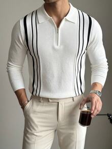 Manfinity Homme Kemeja Polo Pria Bisnis Setengah Rits Kerah Bergaris Vertikal Lengan Panjang,Sweater Pullover Kasual untuk Komuter Hadiah yang Cocok untuk Pacar Anda - MultiWarna - View 3