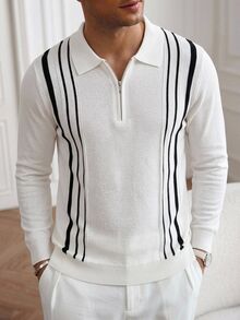 Manfinity Homme Kemeja Polo Pria Bisnis Setengah Rits Kerah Bergaris Vertikal Lengan Panjang,Sweater Pullover Kasual untuk Komuter Hadiah yang Cocok untuk Pacar Anda - MultiWarna - View 6