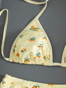 Swim Mod Women's Summer Vacation Beach Pool Party Girly Tropical Style Cute Floral Triangle Cup Backless Halter Neck Bikini Set Triangle Bottom Ruffle Yellow - Multicolor - View 6