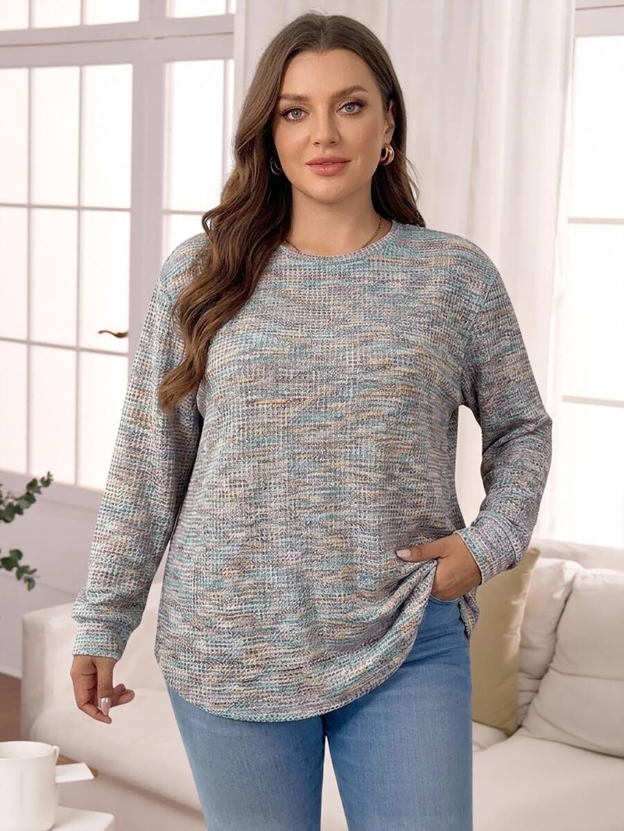Rosumi Plus Size Women's Round Neck Casual Elegant Versatile Daily Wear Long Sleeve Sweatshirt Brunch Vacation Blue And White Autumn Fall - Multicolor - View 1