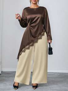 Chikora Plus Size Lace Patchwork Long Sleeve Asymmetrical Hem Shirt Fall Clothes For Women - Brown - View 4